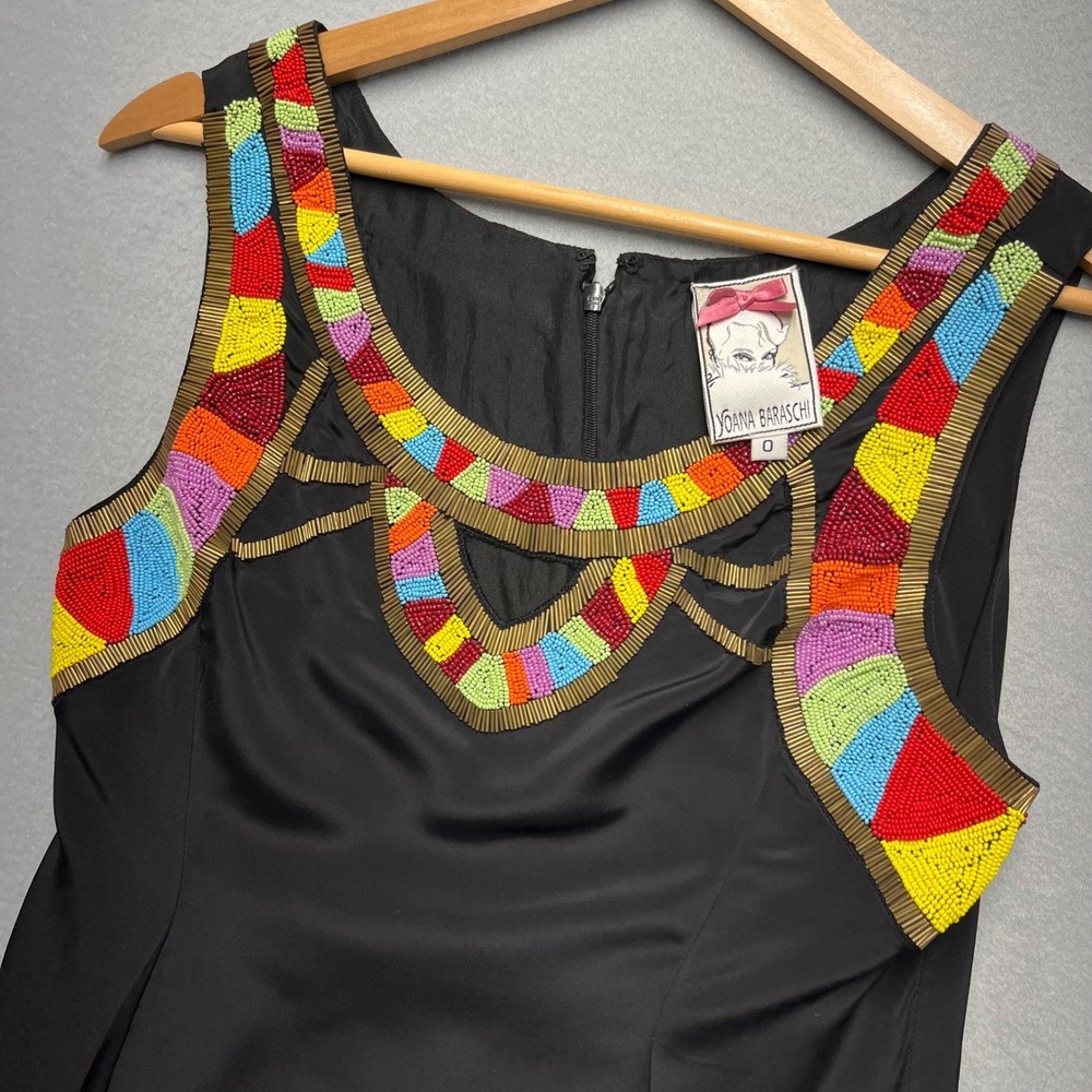 VTG Joanna Baraschi Beaded Dress Silk Lined Black Boho Tribal Y2K Size 0 S XS
